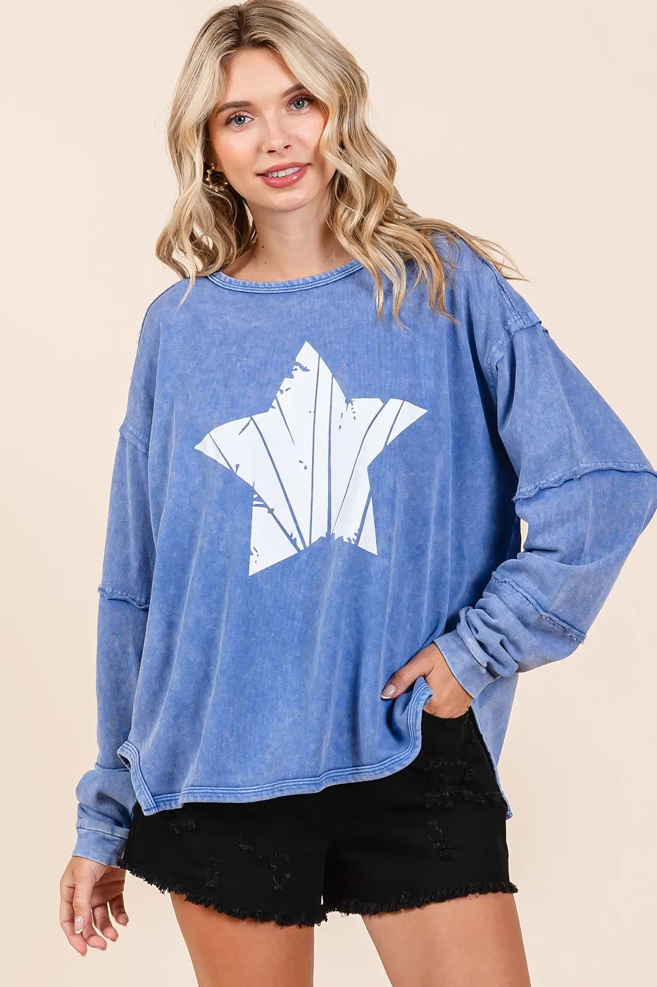 Mittoshop Star Graphic Mineral Wash Long Sleeve Top - Love Salve